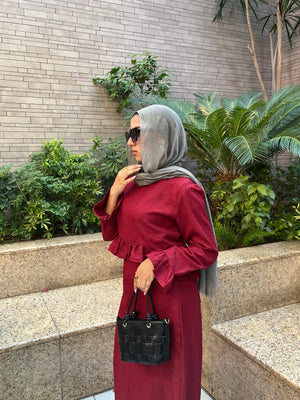 Elara Dress standing full look with black handbag