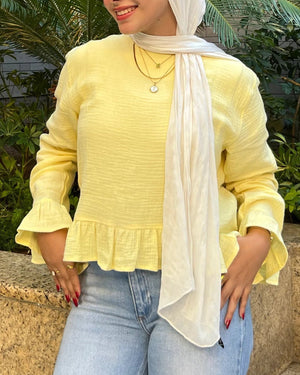 Sunbeam Top Butter Yellow standing full-length look with sunglasses