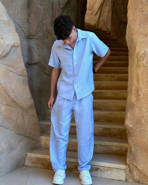 Aero Set in Cloud Blue - تفاصيل القماش والخامة لطقم الكتان الأزرق