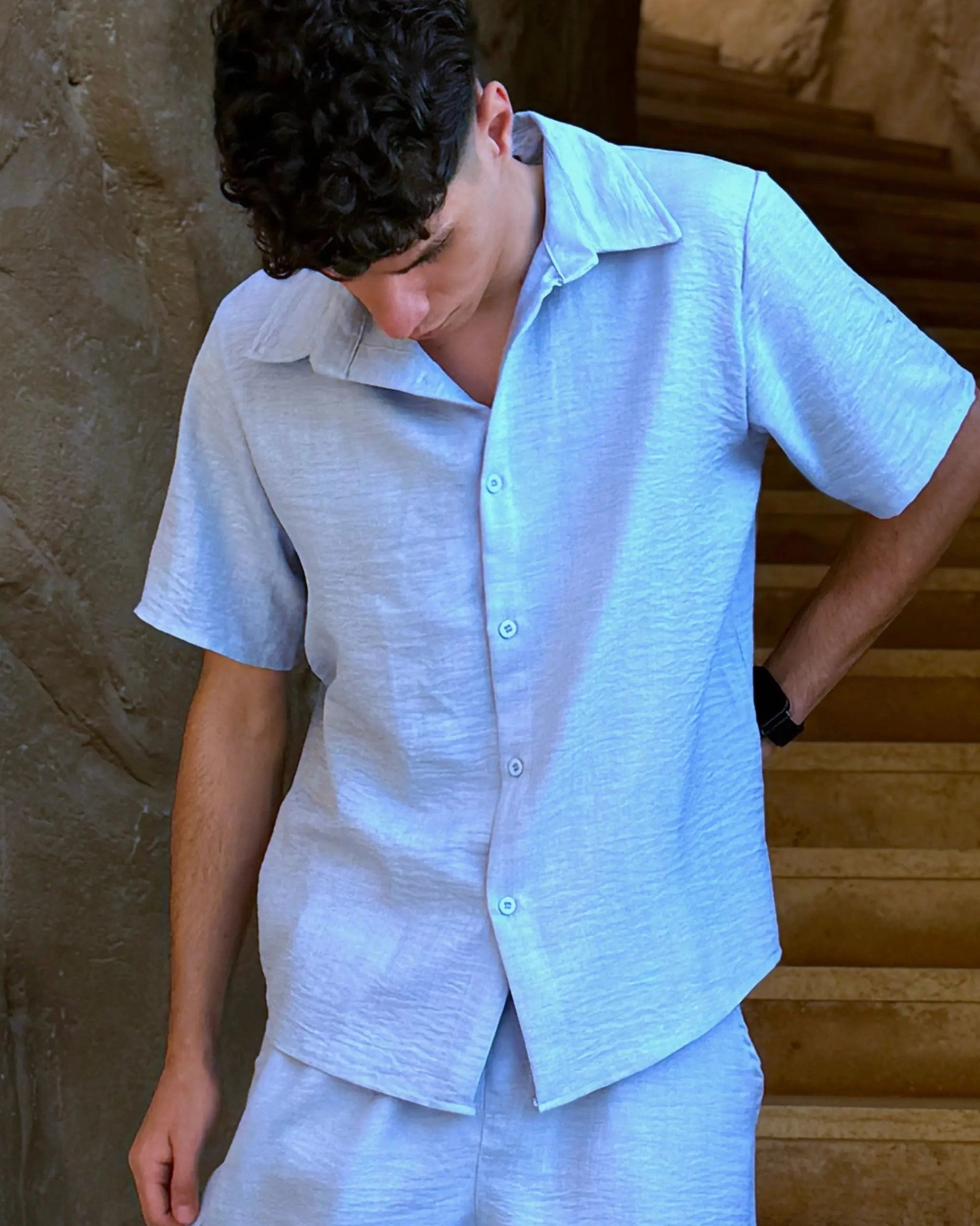 Aero Shirt in Cloud Blue – men's premium linen short-sleeve shirt, side view