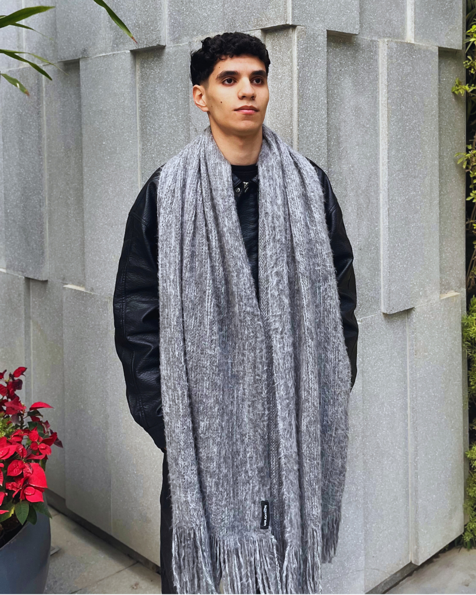 Luxury Mohair Shawl with Fringe | Gray