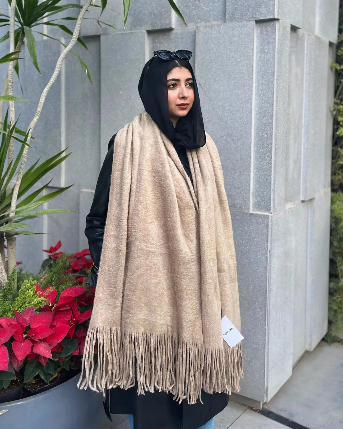 Cafe mohair shawl draped elegantly showing soft texture and fringe detailing