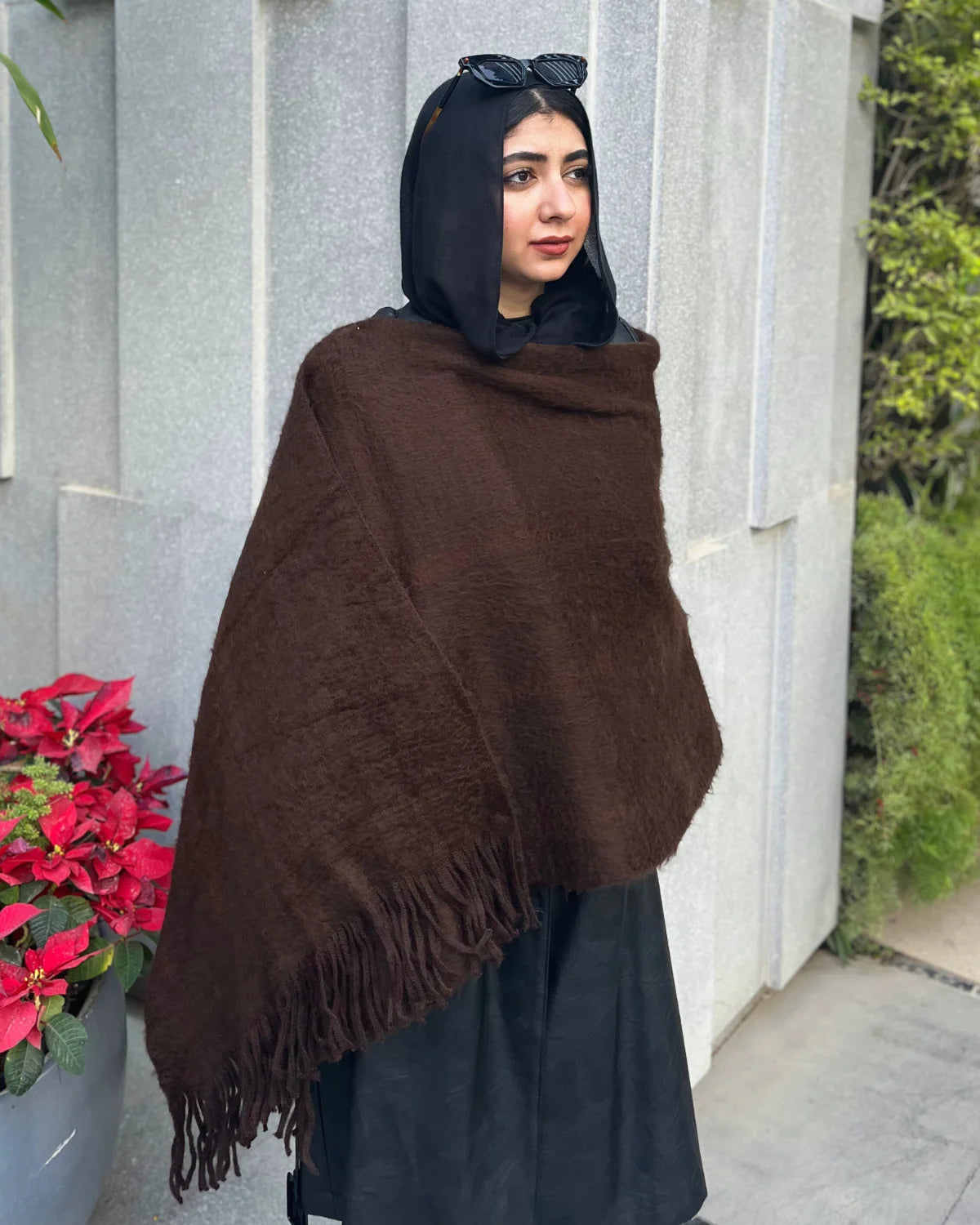 Chocolate brown mohair shawl draped elegantly showing soft texture and fringe detailing