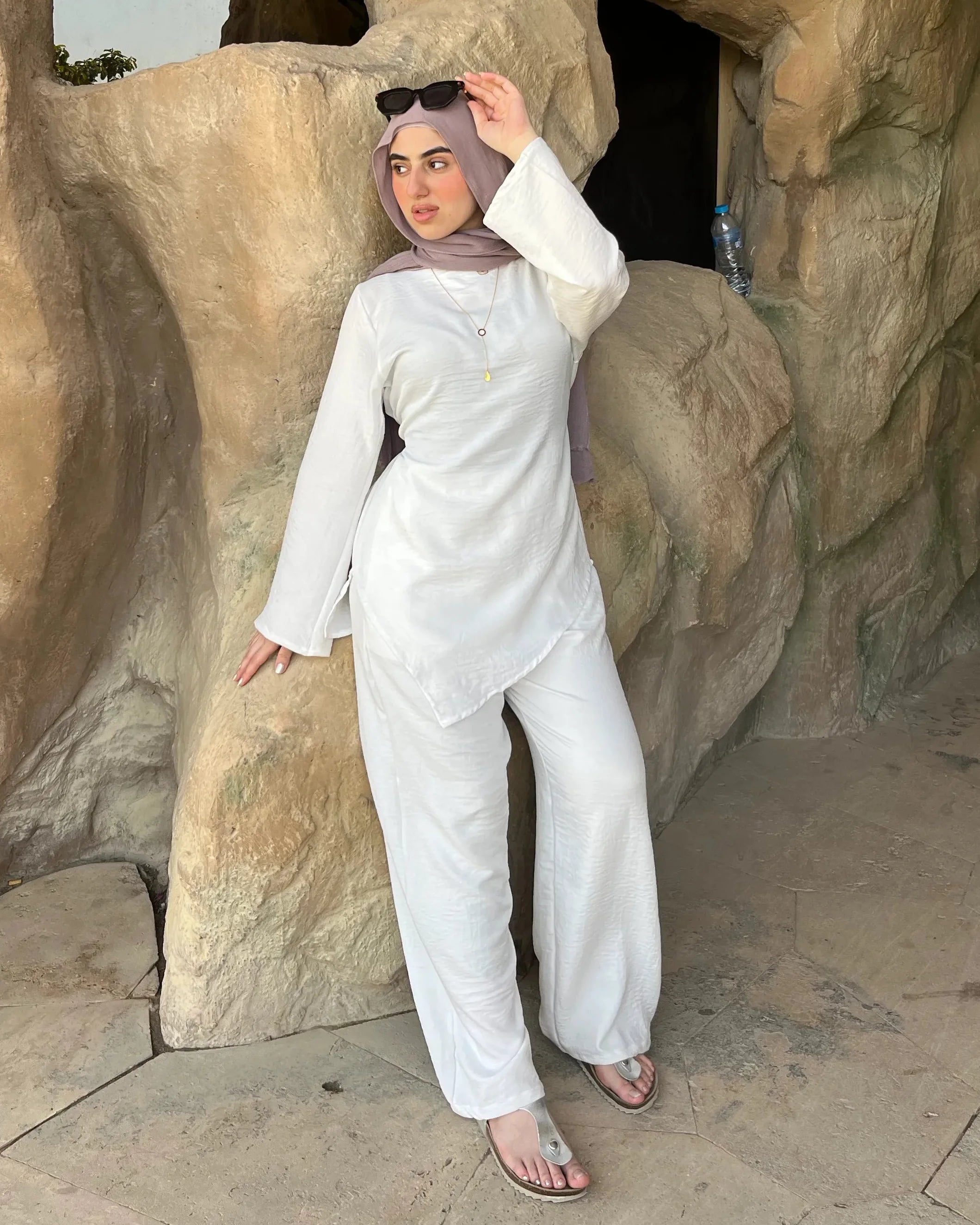 Élan Set in White – women's premium linen co-ord set side view, stone stairs
