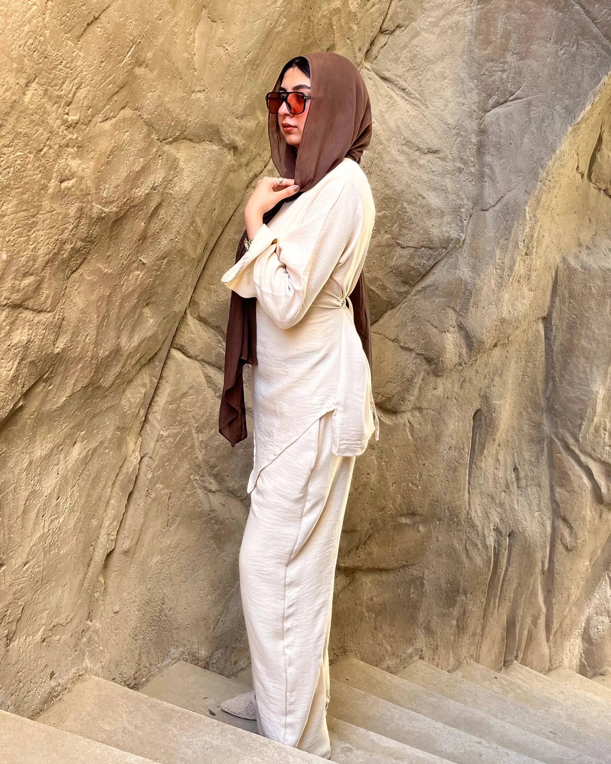 Élan Set in Beige – women's premium linen co-ord set full look, stone stairs