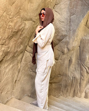 Élan Set in Beige – women's premium linen co-ord set full look, stone stairs