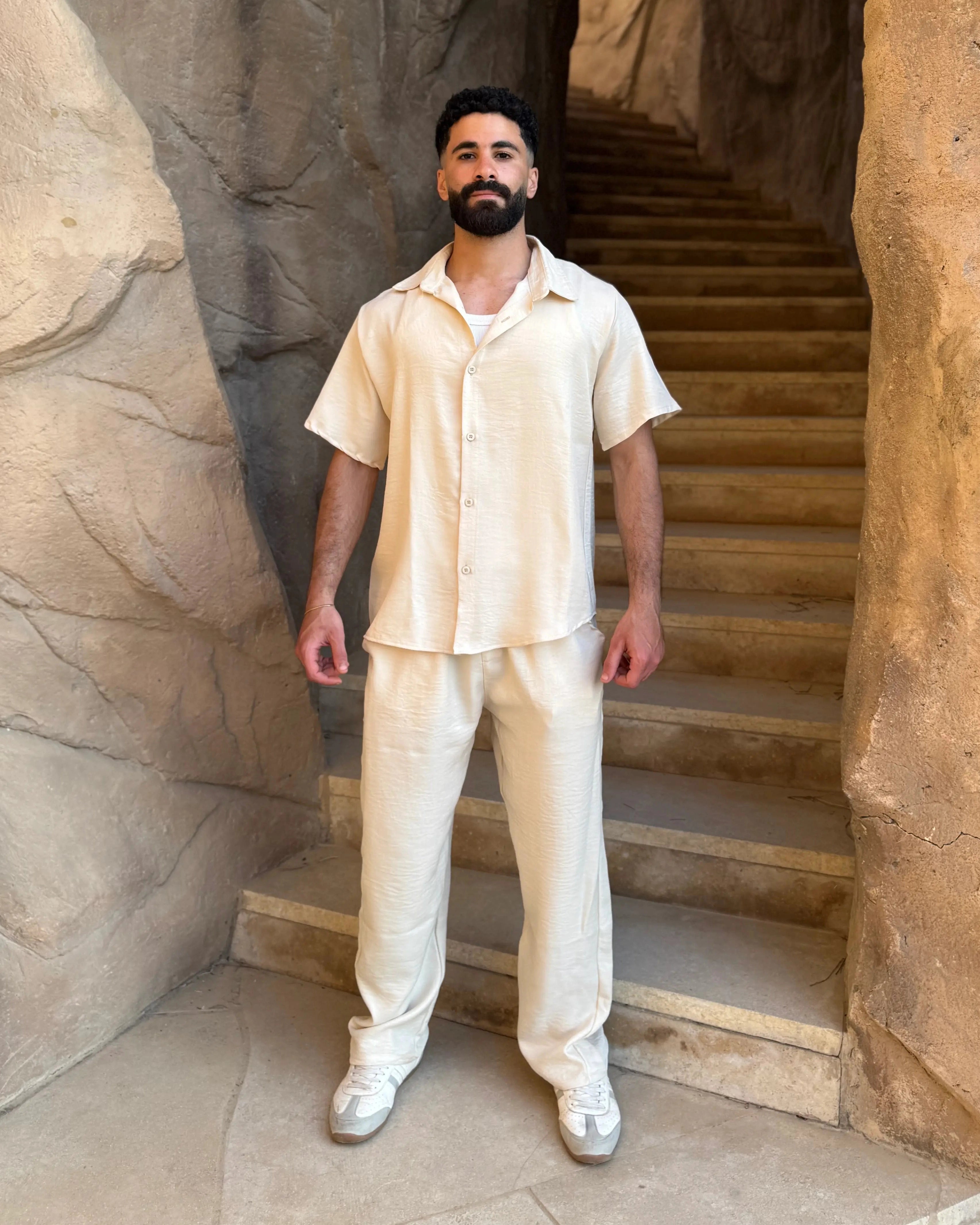 Aero Set in Beige – men's linen co-ord set front view, relaxed fit