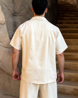Aero Shirt in Beige – men's premium linen short-sleeve shirt, back view
