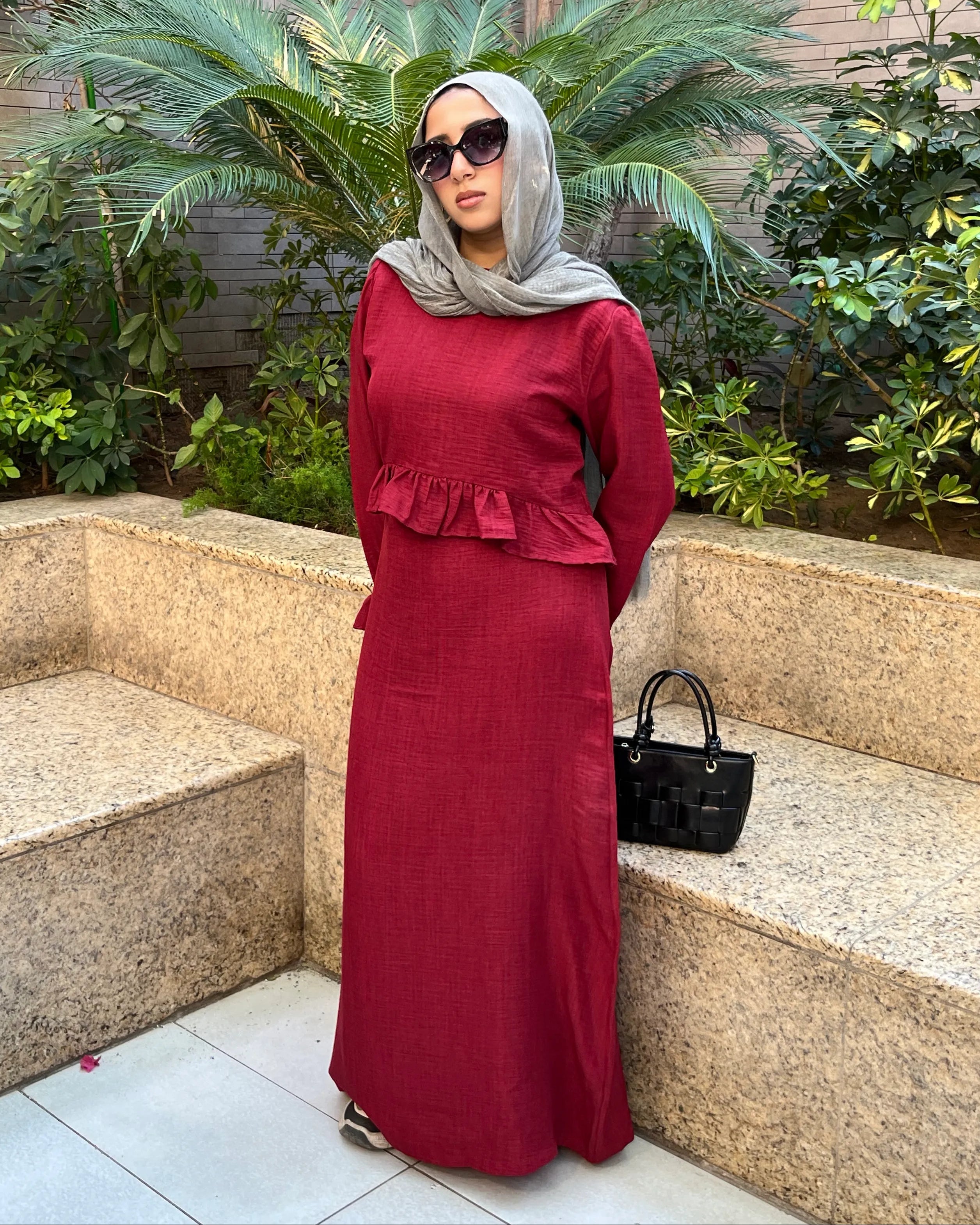 Elara Dress full length front view in outdoor setting
