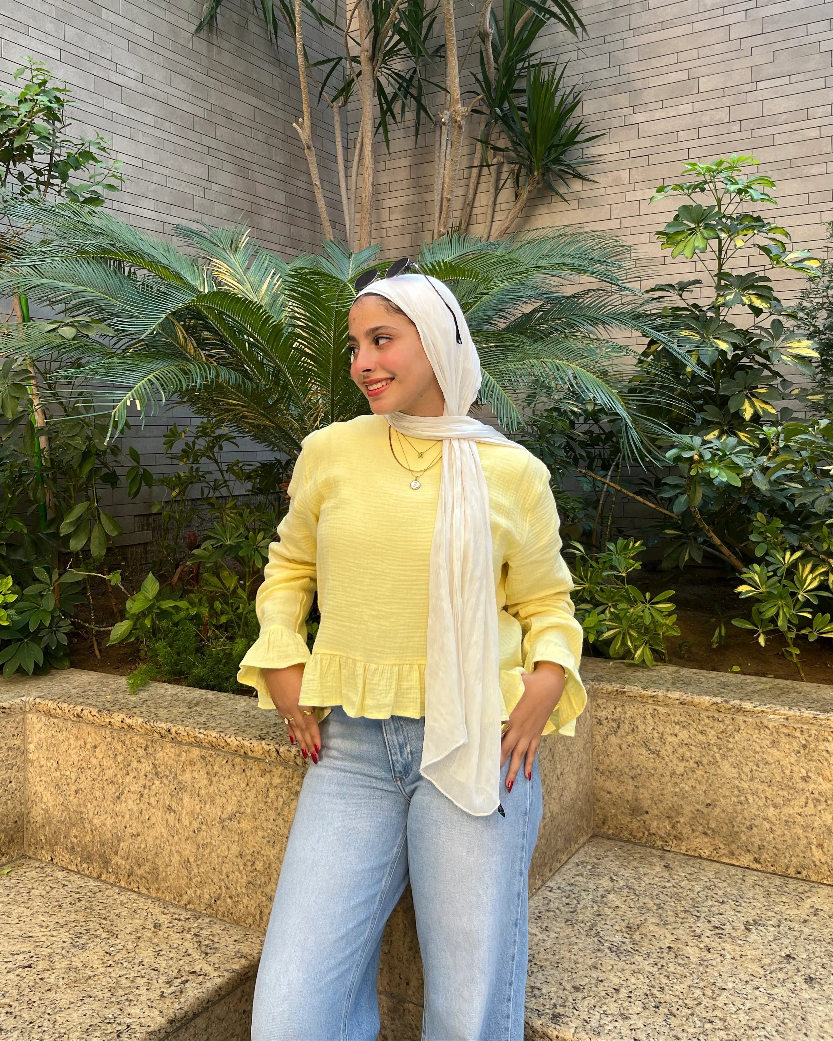 Sunbeam Top Butter Yellow standing full-length look with sunglasses