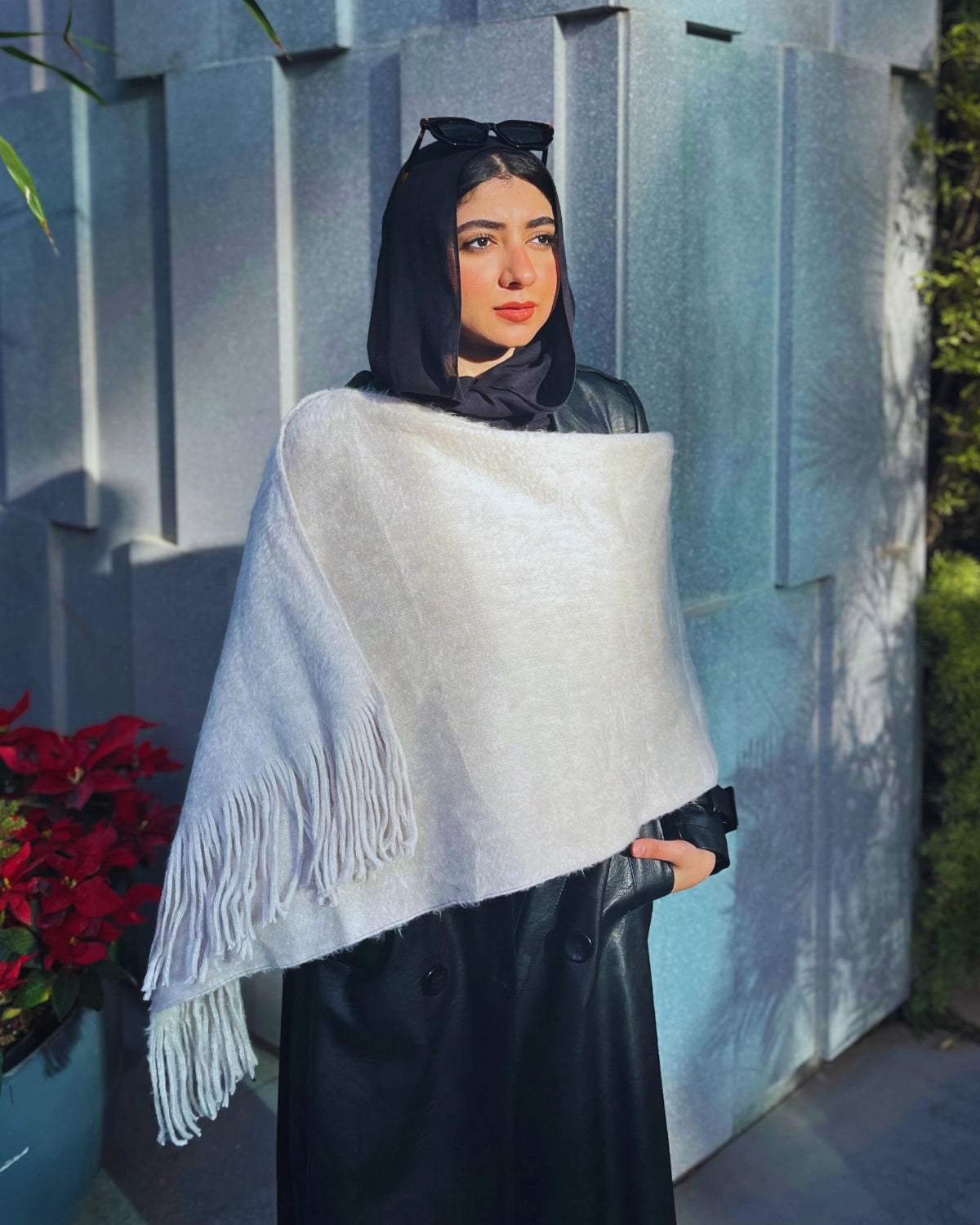 Latte mohair shawl draped elegantly showing soft texture and fringe detailing