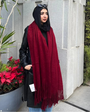 Luxury burgundy mohair shawl with elegant fringe details - Kawarem premium winter accessory 60x200cm
