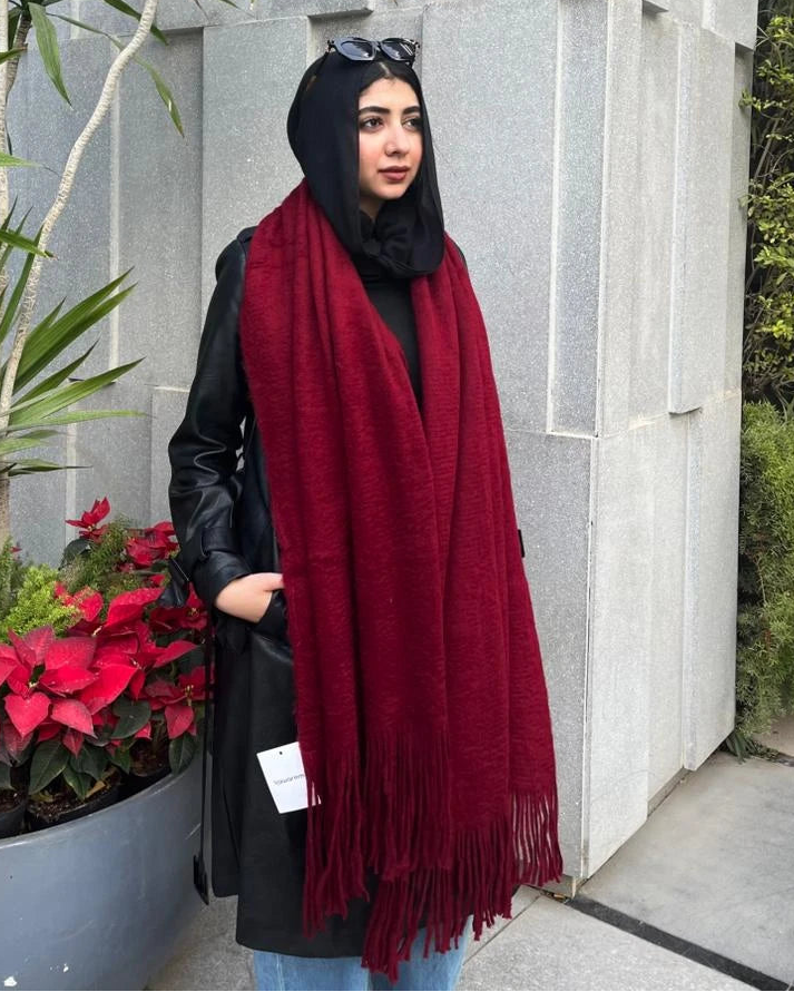 Luxury burgundy mohair shawl with elegant fringe details - Kawarem premium winter accessory 60x200cm
