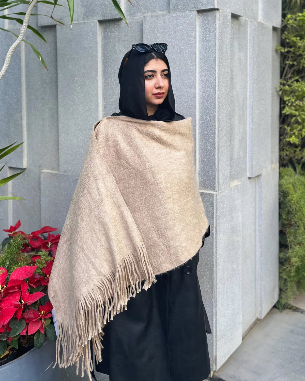 Luxury cafe colored mohair shawl with elegant fringe details - Kawarem premium winter accessory 60x200cm