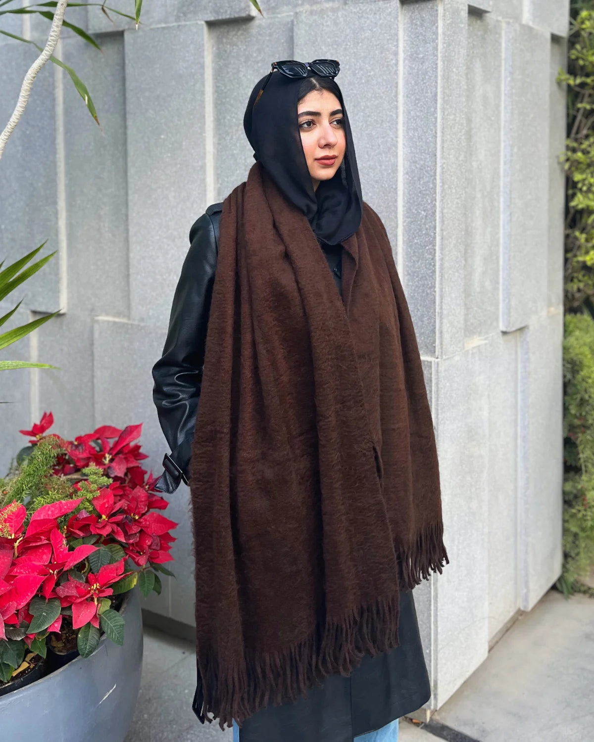 Luxury chocolate brown mohair shawl with elegant fringe details - Kawarem premium winter accessory 60x200cm