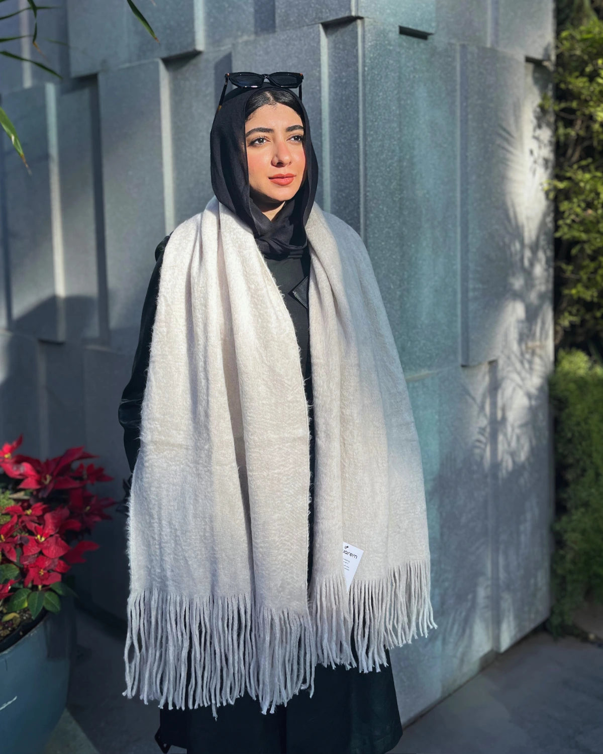 Luxury latte colored mohair shawl with elegant fringe details - Kawarem premium winter accessory 60x200cm