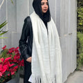Luxury off-white mohair shawl with elegant fringe details - Kawarem premium winter accessory 60x200cm