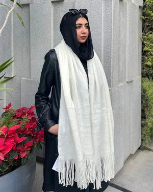 Luxury off-white mohair shawl with elegant fringe details - Kawarem premium winter accessory 60x200cm