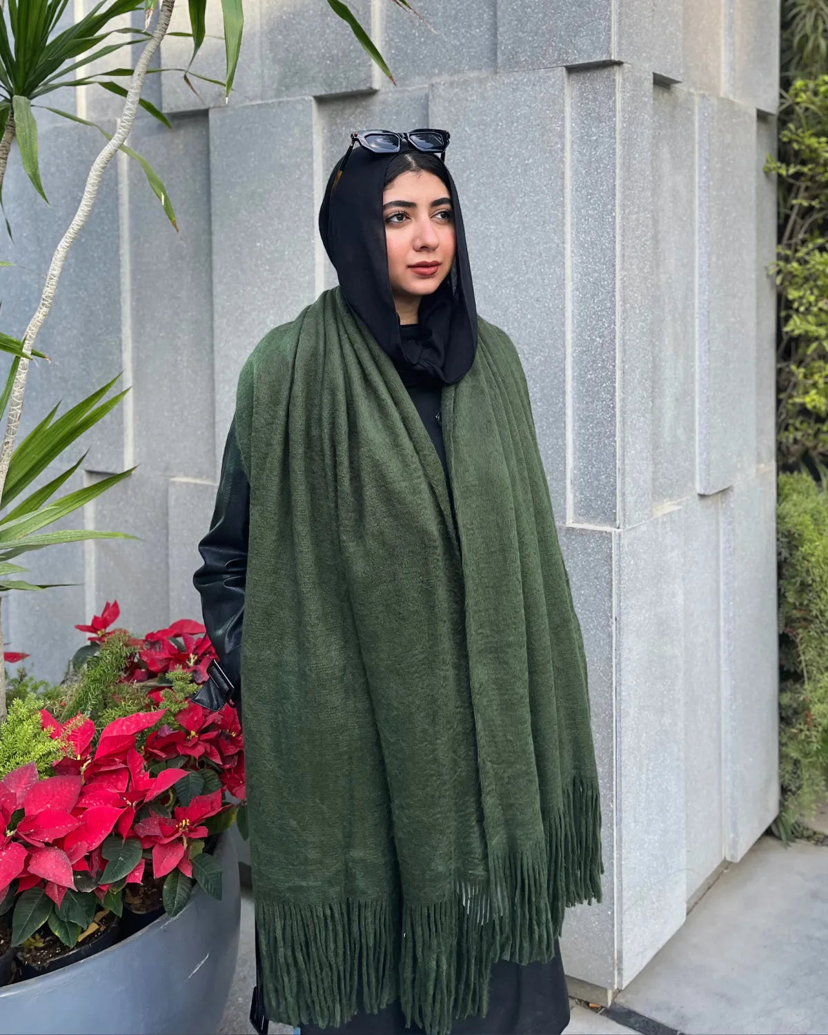 Luxury olive green mohair shawl with elegant fringe details - Kawarem premium winter accessory 60x200cm