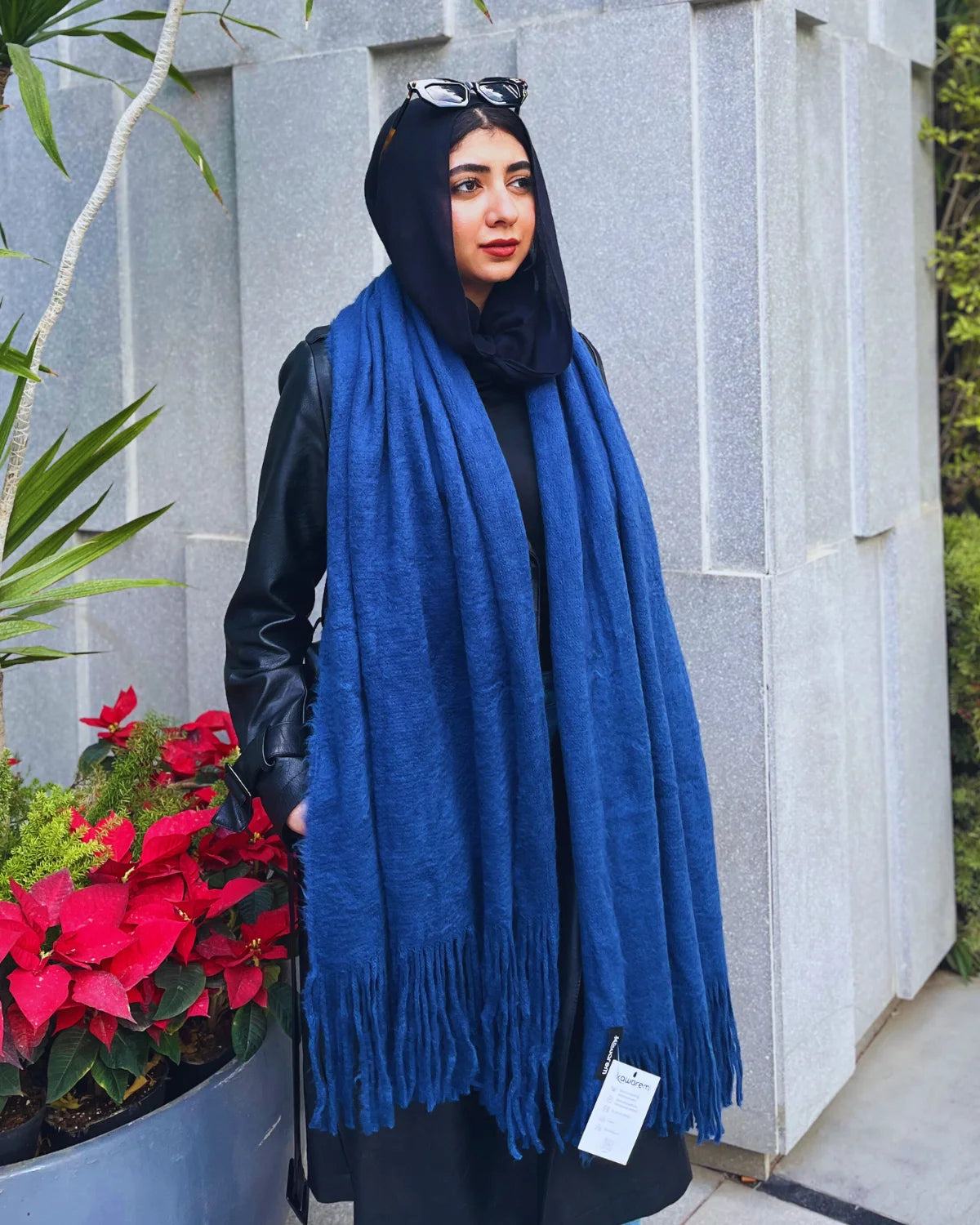 Luxury royal blue mohair shawl with elegant fringe details - Kawarem premium winter accessory