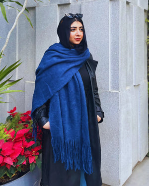 Royal blue mohair shawl draped elegantly showing 60x200cm dimensions