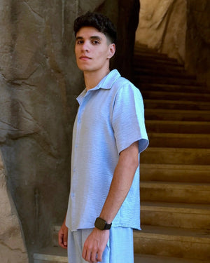 Aero Shirt in Cloud Blue – men's premium linen short-sleeve shirt, front view