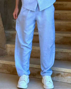 Aero Pants in Cloud Blue – men's premium linen wide-leg trousers, front view