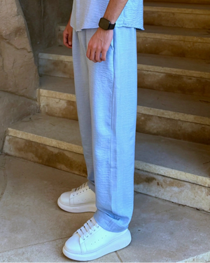 Aero Pants in Cloud Blue – men's premium linen wide-leg trousers, side view