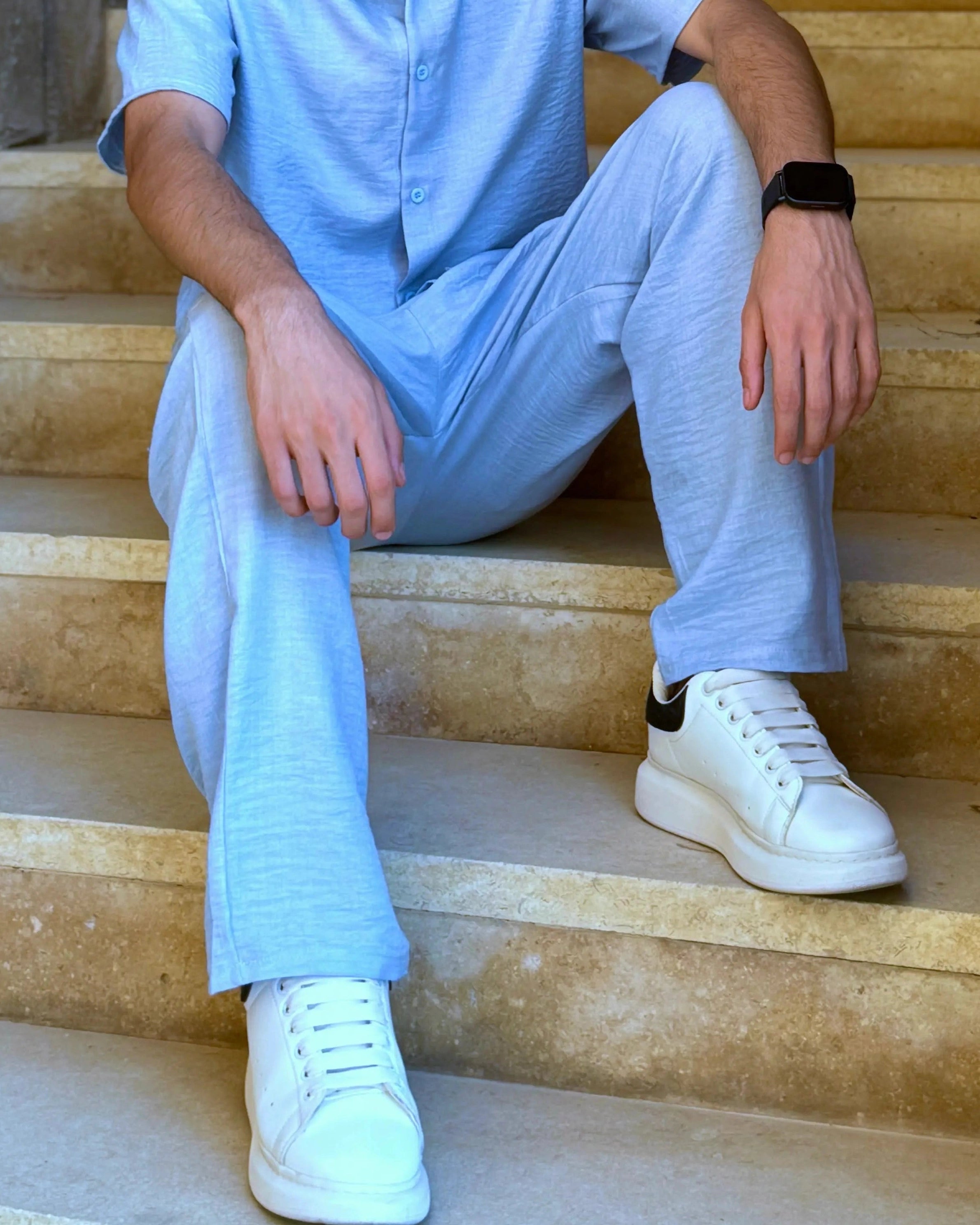 Aero Pants in Cloud Blue – men's premium linen wide-leg trousers, front view